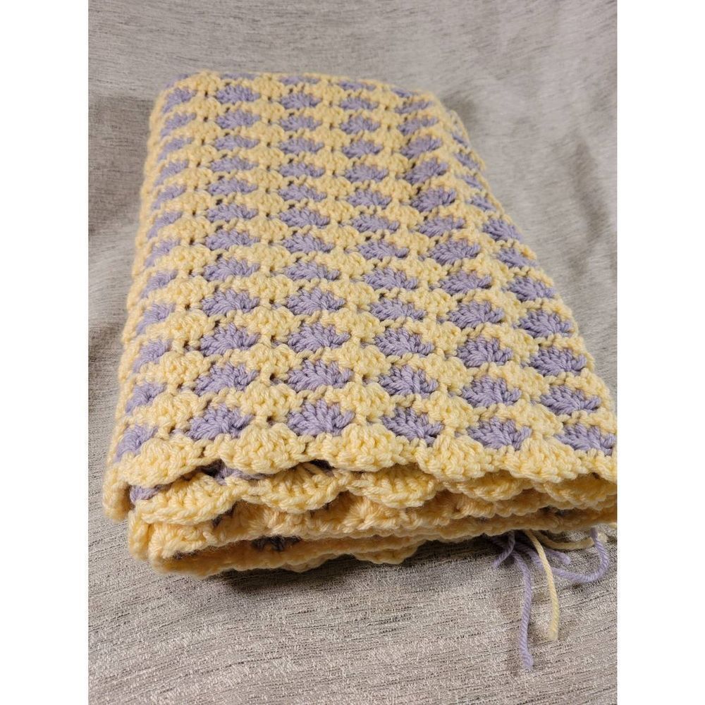 Vintage Afghan Handmade Crochet Throw Baby Lap Blanket Yellow Purple 34x27in‎
